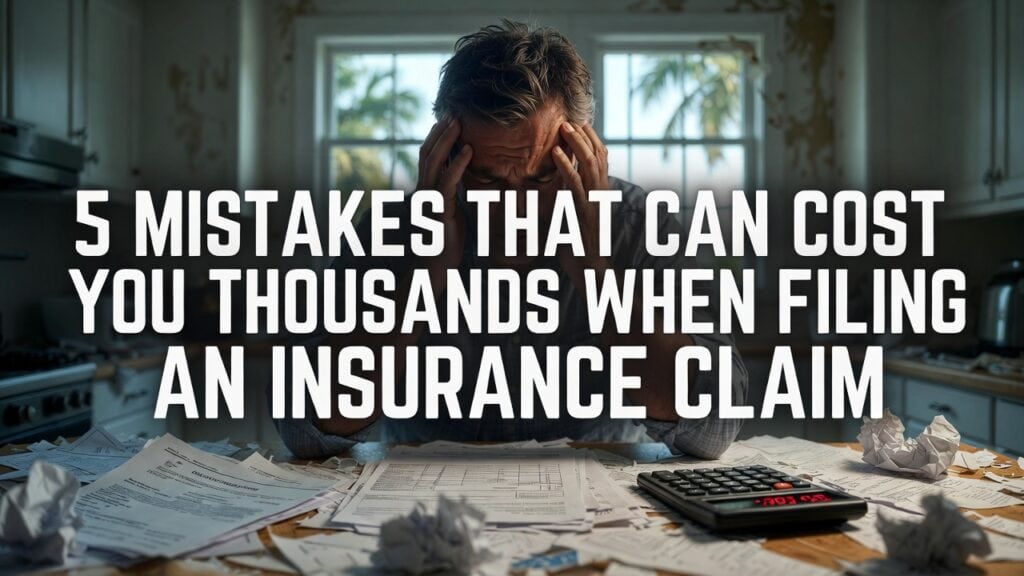 Homeowner stressed while reviewing insurance claim paperwork and bills at kitchen table