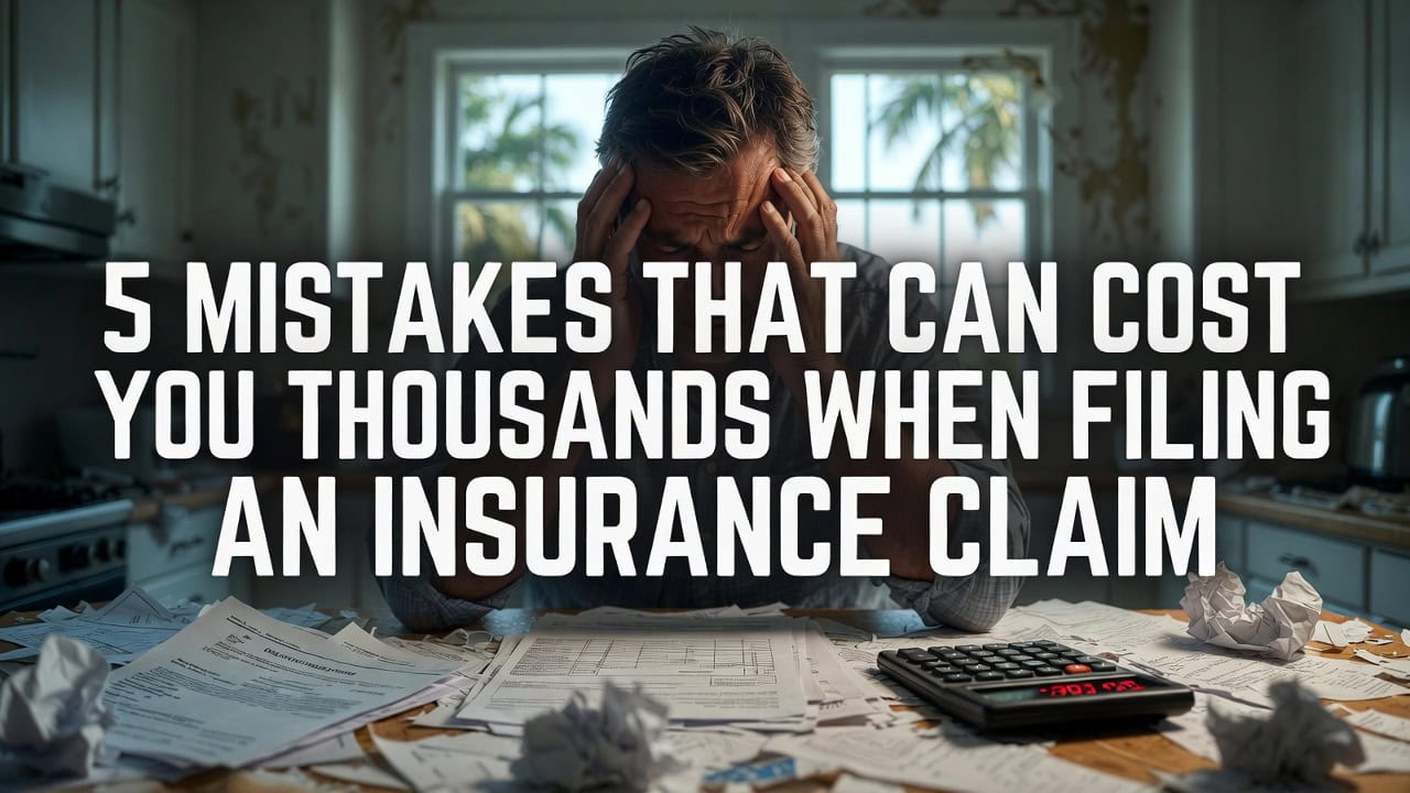 Homeowner stressed while reviewing insurance claim paperwork and bills at kitchen table