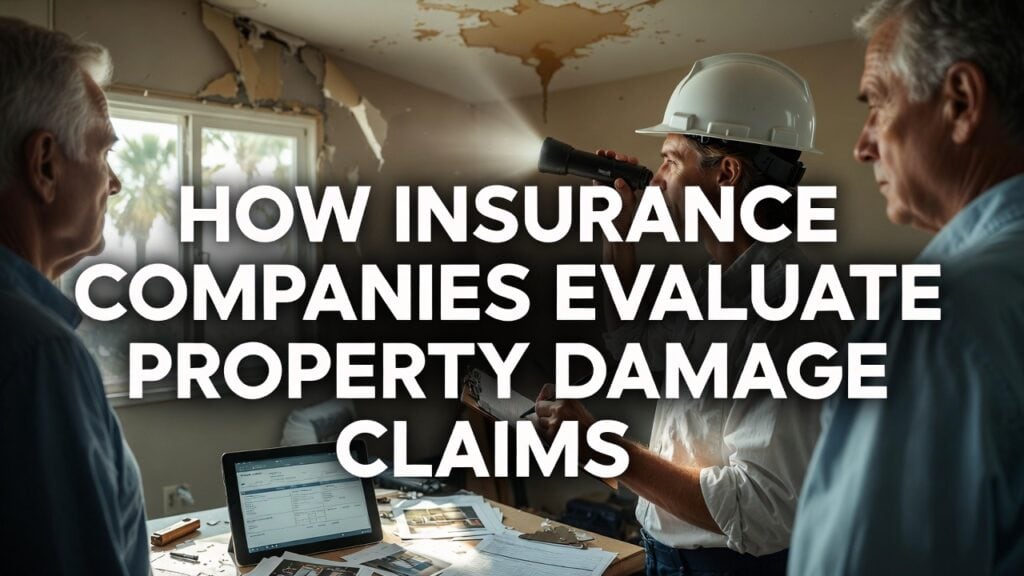 Florida insurance adjuster inspecting property damage and evaluating home insurance claim with homeowners