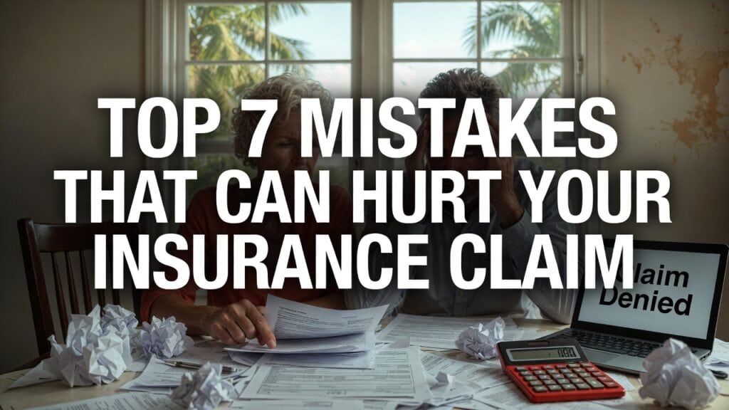 Florida homeowners reviewing denied insurance claim paperwork and expenses after property damage