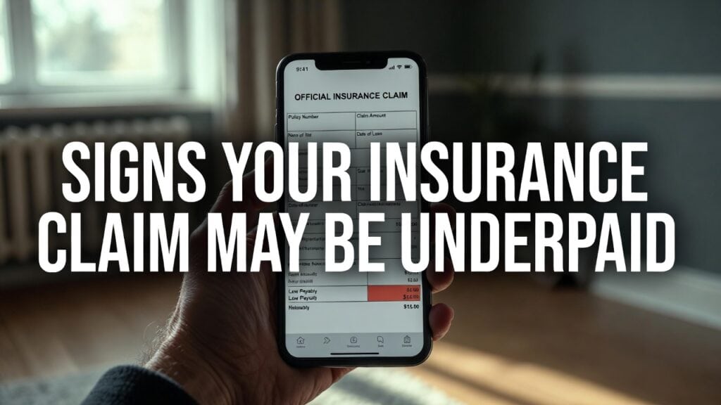 Close-up of a person holding a smartphone displaying an insurance claim summary inside a home, with large overlay text reading “Signs Your Insurance Claim May Be Underpaid.”